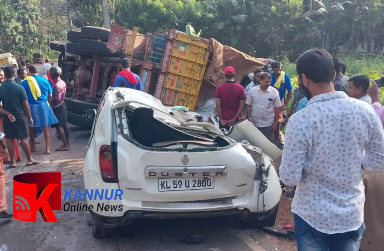 നിയന്ത്രണം വിട്ട ലോറി കാറിലിടിച്ച് മറിഞ്ഞ് കാര്‍ യാത്രക്കാരനും ലോറി ഡ്രൈവര്‍ക്കും പരുക്കേറ്റു.