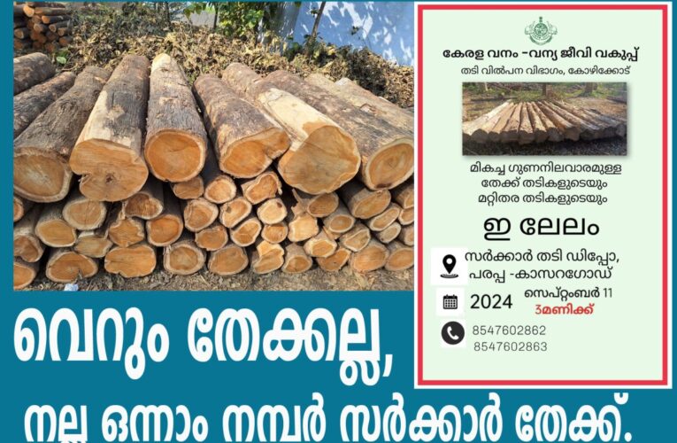 വെറും തേക്കല്ല,  നല്ല ഒന്നാം നമ്പര്‍ സര്‍ക്കാര്‍ തേക്ക്. ലേലം-സപ്തംബര്‍ 11 ന്.