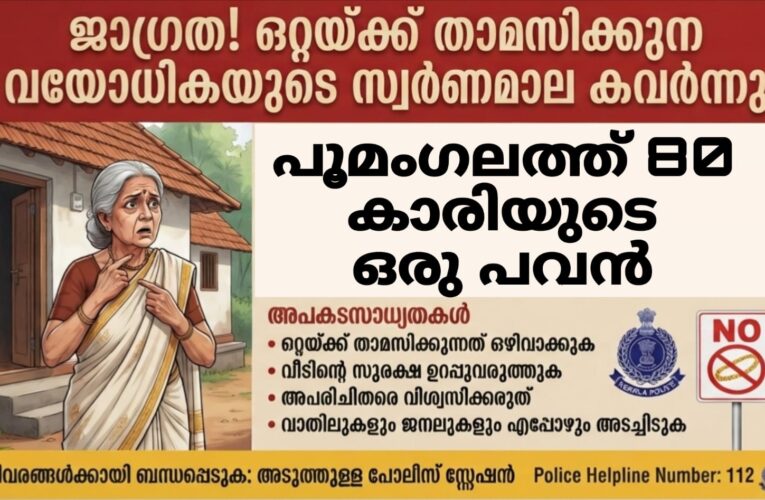 പൂമംഗത്ത് ഒറ്റക്ക് താമസിക്കുന്ന വയോധികയുടെ ഒരു പവന്‍ സ്വര്‍ണമാല കവര്‍ന്നു