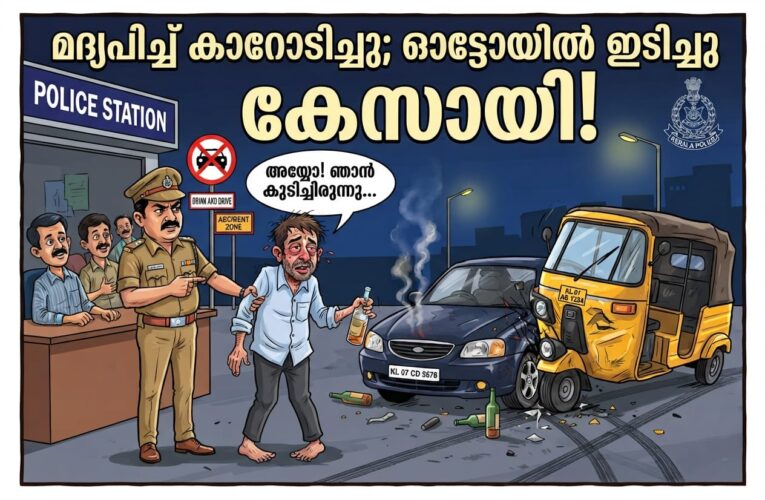 മദ്യപിച്ച് കാറോടിച്ചു, ഓട്ടോയിലിടിച്ചു-സംഭവത്തില്‍ പോലീസ് കേസെടുത്തു